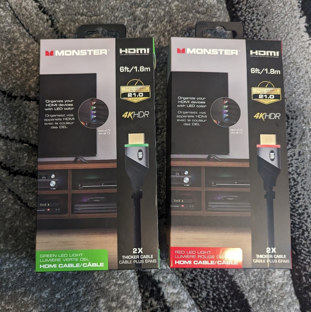 Monster 6ft HDMI cables with LED lights brand new - comes with one.red one green